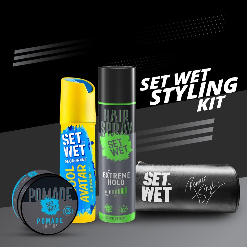 Set Wet Men’S Styling Kit-Deodorant(150Ml),Pomade(60G),Hair Spray For Men(200Ml) & Pouch Deodorant Spray  –  For Men(410 Ml, Pack Of 4)