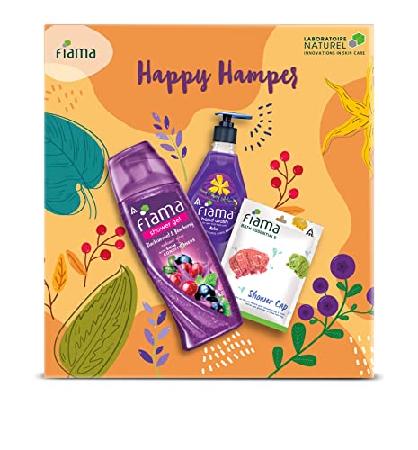 Fiama Gift Pack Happy Hamper | Shower Gel Blackcurrant & Bearberry 250Ml, Handwash Relax 400Ml, Bath Accessory Shower Cap Combo Set Of 3