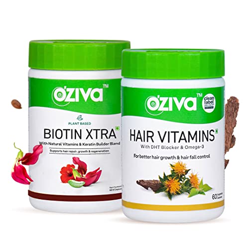 Oziva Hair Vitamins Capsules With Biotin & Dht Blocker For Hair Growth & Hair Fall Control, 60 Capsules + Plant Based Biotin Xtra With Keratin Builder For Hair Repair, 60 Capsules (Combo Pack)