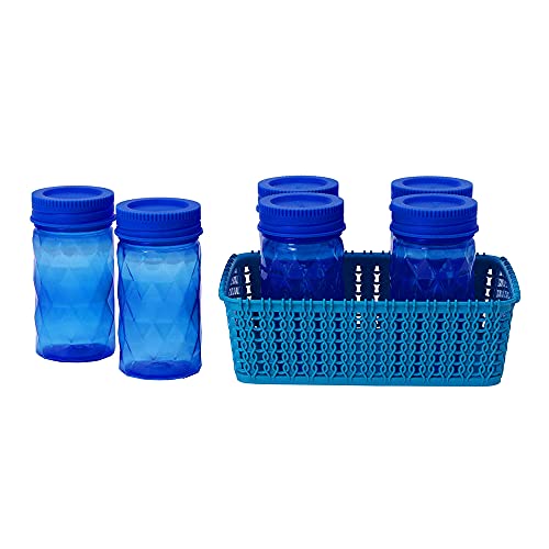 Cutting Edge Twister Airtight Plastic Mini Jars With Basket (225Ml, Set Of 6), Diamond Checkers Container For Spices, Dry Fruits, Cereals, Snacks, Stackable, Bpa Free (Small, Blue)