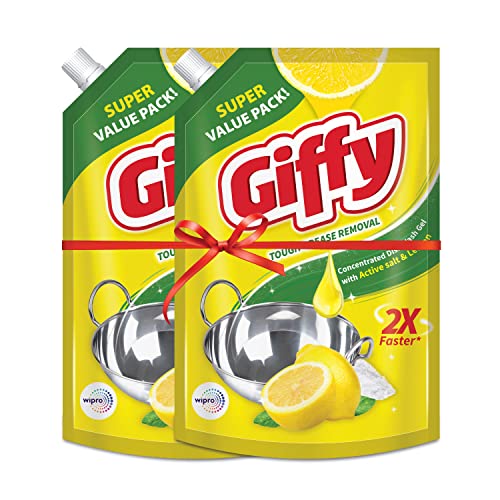 Giffy Liquid Dish Wash Gel With Active Salt & Lemon| 2X Faster Tough Grease Removal & Natural Fragrance| Removes Odour| Easy Lather & Rinse Off| Leaves No White Residues| Hand-Safe| 900Ml (Pack Of 2)