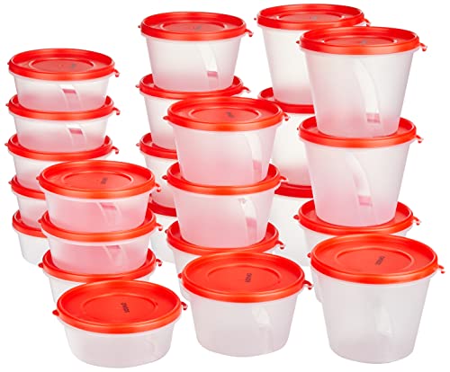 Amazon Brand – Solimo Nestable & Stackable Polypropylene Container Set, Round, Set Of 24, Red