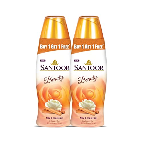 Santoor Beauty Perfumed Talc With Sandalwood Extracts| Sandal, Rose, Musk & Geranium Mint Fragrance| Absorbs Excess Moisture| Dermatologically Tested| For All Skin Types (150G, Pack Of 2)