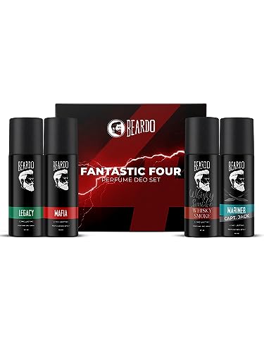 Beardo Fantastic 4 Perfume Body Spray Gift Set For Men 4X40Ml | Long Lasting Fragrances | Legacy, Mafia, Mariner Capt Jack And Whisky Smoke Perfume Body Spray