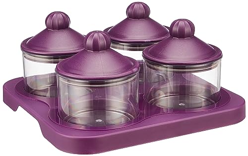 Amazon Brand – Solimo Air-Tight Dry Fruit Container Tray Set With Lid & Serving Tray, Airtight Plastic Storage Container Set 500 Ml | Set Of 4, Purple