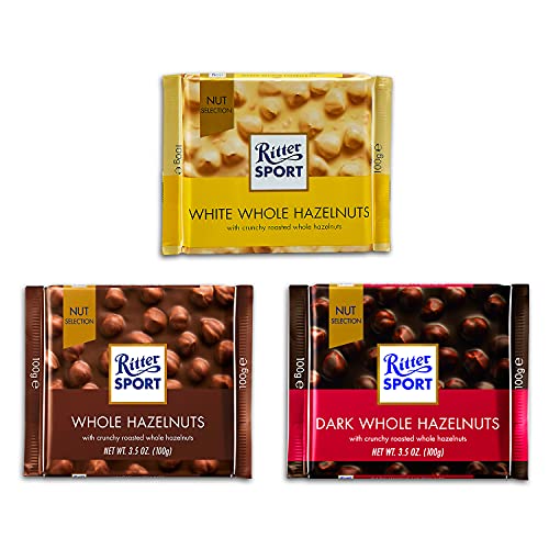 Ritter Sport Hazelnut Chocolates, (White Whole Hazelnut + Milk Whole Hazelnut + Dark Whole Hazelnut) 100G Each – Pack Of 3 | Nutritious And Nutty Crunch