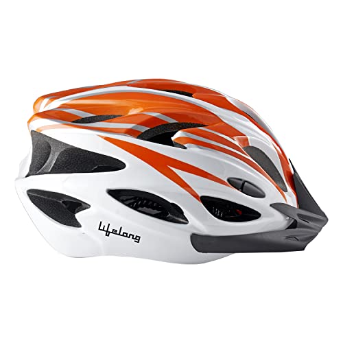 Lifelong Adjustable Cycling Helmet With Detachable Visor | Adjustable Light Weight Mountain Bike Cycle Helmet With Padding For Kids And Adults, (Llfah03, Orange & White, 6 Months Warranty)