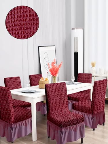 Cortina Dining Chair Slipcovers With Skirt|Pack Of 6|Protection Chair Covers|Removable, Washable|Universal Fit Super Soft Stretchy Polyester Spandex|Living Room, Kitchen, Party|Stripped|Maroon