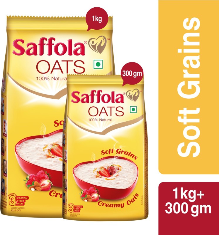 Saffola Rolled Oats,Creamy 100% Natural, High Protein & Fibre, Healthy Cereal, Pouch(1 Kg)