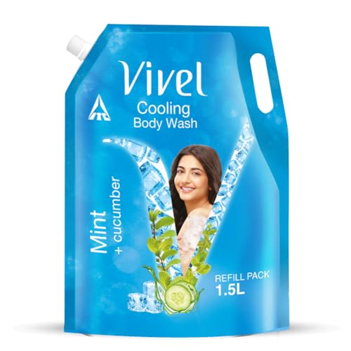 Vivel Body Wash, Mint & Cucumber, Moisturising Shower Gel, For Glowing Skin Refill Pouch, 1500Ml