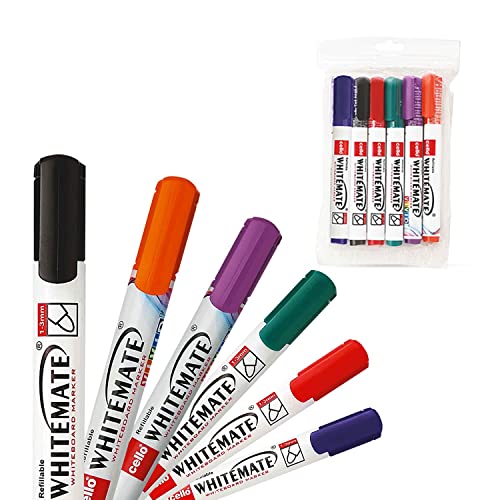 Cello Whitemate Whiteboard Boldmarkers | Set Of 6 | Assorted Ink Colours | Whiteboard Marker With Easily Erasable Ink | Refillable Whiteboard Markers Markers