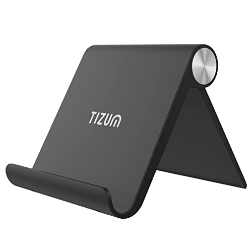 Tizum Foldable Tablet/Mobile Phone Tabletop Stand Holder, Adjustable Angle, Anti-Slip Pads, Cradle, Dock Compatible For Ipad, Tablets, Smartphones, Kindle With Screen Up To 10-Inch (Black)
