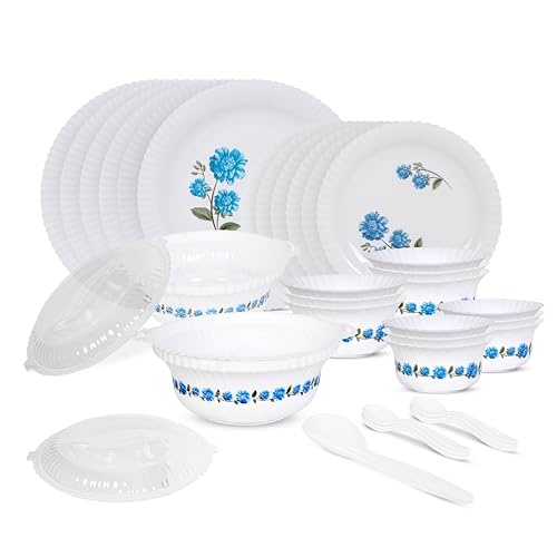 Rylan Blue Dinner Set | 36 Pieces For Family Of 6 | Microwave & Dishwasher Safe | Bone-Ash Free | Crockery Set For Dining & Gifting | Plates & Bowls | White