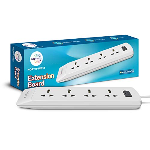 Wipro Extension Board With 6A 4 Universal Sockets & 1 Master Switch | Spike Guard With Indicator | 2 Mtr Long Cord | Overload Protection | Multiplug Powerstrip For Home, Office | White | Pack Of 1