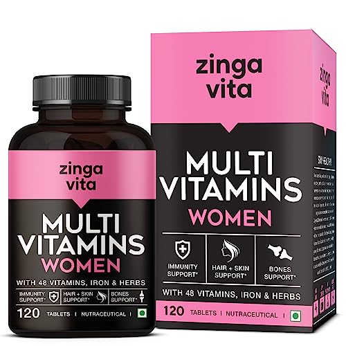 Zingavita Multivitamin Tablets For Women (120 Count) | With 45+ Vitamins, Calcium, Iron & Herbal Extracts For Hair, Skin, Stamina, Immunity & Pms Support | Gluten Free Vegetarian Multivitamin Tablet