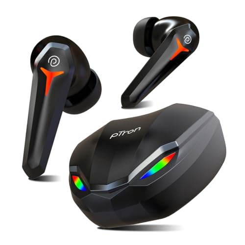 Ptron Newly Launched Bassbuds Razer Tws Earbuds, 40Ms Gaming Low Latency, Trutalk Ai-Enc Calls, Deep Bass, 45Hrs Playtime, Hd Mic, In-Ear Bluetooth 5.3 Headphones, Type-C Fast Charging & Ipx5 (Black)