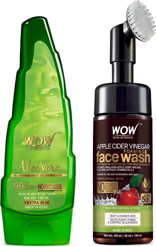Wow Skin Science Apple Cider Vinegar Foaming Face Wash With Built-In Brush + 99% Pure Aloe Vera Multipurpose Gel – No Parabens, Silicones, Synthetic Fragrance – Net Vol. 300Ml(2 Items In The Set)