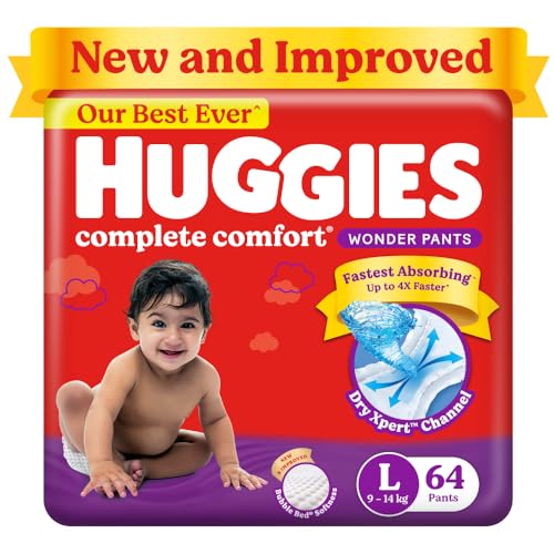 Huggies Complete Comfort Wonder Pants Large (L) Size (9-14 Kgs) Baby Diaper Pants, 64 Count| India’S Fastest Absorbing Diaper With Upto 4X Faster Absorption | Unique Dry Xpert Channel