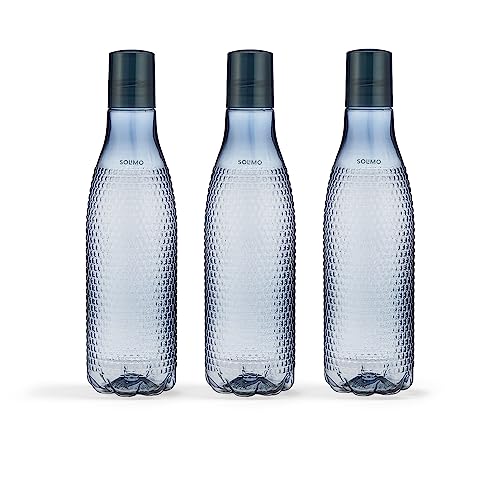 Amazon Brand – Solimo Checkered Plastic Water Bottles, Spill-Proof, 3.2 Cm Neck, Firm Grip (Set Of 3, Smoke)