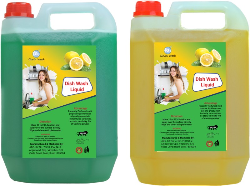 Govin Wash Dish Cleaning Gel Green,Yellow Non Acidic Dish-Washing Liquid Combo Pack Of -2 Dish Cleaning Gel(Multi, 2 X 5 L)