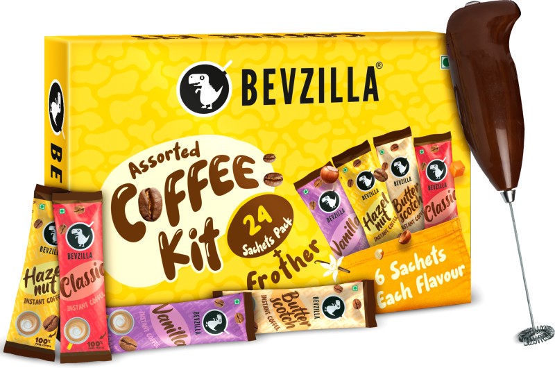 Bevzilla Instant Coffee Gift Box Of 24 Assorted Coffee Sachets & Frother Instant Coffee(24 X 2 G, Assorted Flavoured)