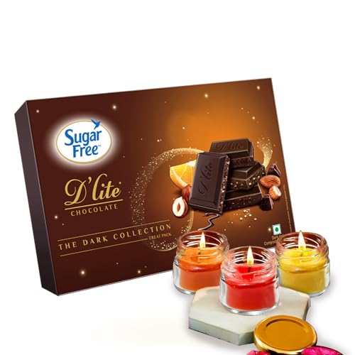 Sugar Free D’Lite The Dark Collection Assorted Chocolate Gift Pack 120Gm With Set Of 3 Premium Scented Candle Jars