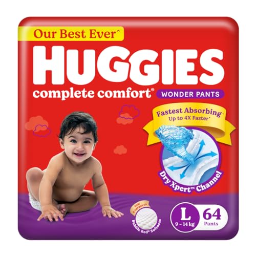 Huggies Complete Comfort Wonder Pants Large (L) Size (9-14 Kgs) Baby Diaper Pants, 64 Count| India’S Fastest Absorbing Diaper With Upto 4X Faster Absorption | Unique Dry Xpert Channel