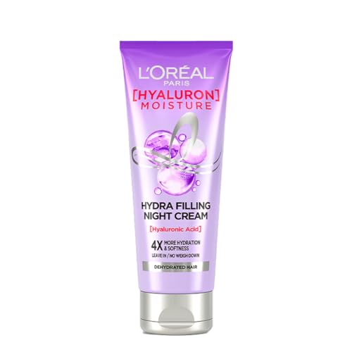L’Oreal Paris Filling Night Cream, Leave In Hair Cream With Hyaluronic Acid, For Dry & Dehydrated Hair, Adds Shine & Bounce, Hyaluron Moisture 72H Hydra, 180Ml