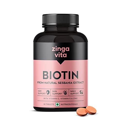 Zingavita Advanced Biotin Tablets | Boosts Keratin Production, Reduce Hair Fall And Promote Hair Growth With Natural Sesbania Agati Leaf Extract & Hair Vitamins (Biotin, Vitamin C, Vitamin E & Zinc) For Healthy Hair, Skin & Nails For Both Men & Women (60 Tablets)