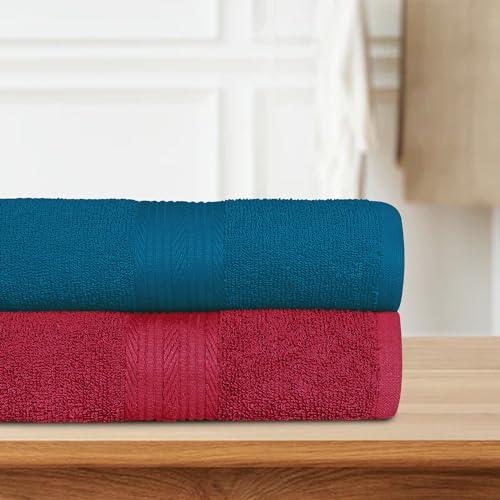 Bedspun 100% Cotton Terry Towel For Bath |350 Gsm Towels For Bath Large Size, Towels For Bath Women/Men, Merlot Magic & Blue Lagoon