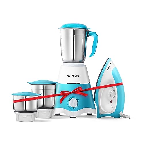 Longway Super Dlx 700 Watt Mixer Grinder With 3 Jars For Grinding, Mixing With Powerful Motor & Kwid 1100 Watt Dry Iron | 1 Year Warranty | (White & Blue, Combo Offer)