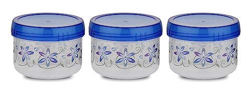 Asian Plastowares Turn & Lock Storage Bowl Set Of 3 With Spoon, Blue Color