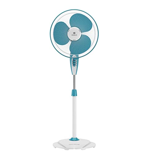 Havells Gatik Neo 400Mm Oscillating Pedestal Fan | Upto 2 Hours Timer, Auto Off, Elegant Look, 4 Speed Control | High Air Delivery | Aesthetic Design, Telescopic Arrangement | (Pack Of 1, White Blue)