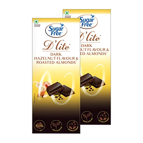 Sugar Free D’Lite Hazelnut & Almonds Dark Chocolate Bar, 80 Grams (Pack Of 2)