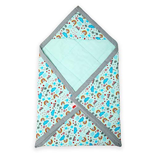 Luvlap Cotton Hooded Wrapper, Warm & Soft, Blanket, Quilt, For New Born Baby To 3 Year Old, Blue & Grey Cloud & Rainbow Print, 75Cmx75Cm