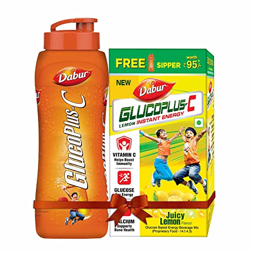 Dabur Glucoplus-C Instant Energy Glucose Lemon Flavour – 500G (With Sipper Free) | Glucose Replenishes Energy | 25% More Glucose In Every Sip| Vitamin C Helps Boosts Immunity | Calcium Supports Bone Health