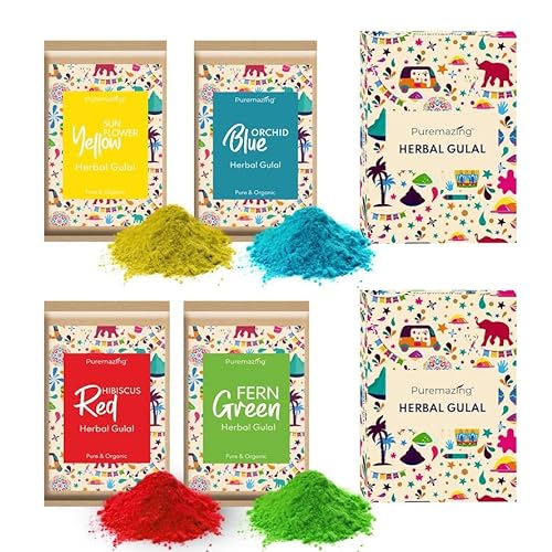 Puremazing By Imvelo Natural Herbal Gulal Colour Gift Set For Holi – Organic Holi Colour Powder With Flower Petals – Skin Friendly Scented Holi Colors Rang Gulal, Pack Of 4, 80 Grams, Multi