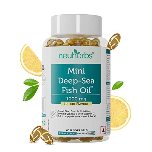 Neuherbs Mini Deep Sea Omega 3 Fish Oil 1000 Mg With Lemon Flavour- 2X Omega 3, 360Mg Epa & 240Mg Dha With Vitamin D3 & E Promote Brain | No Fishy Burps/After Taste | 60 Softgels (30 Days Supply)