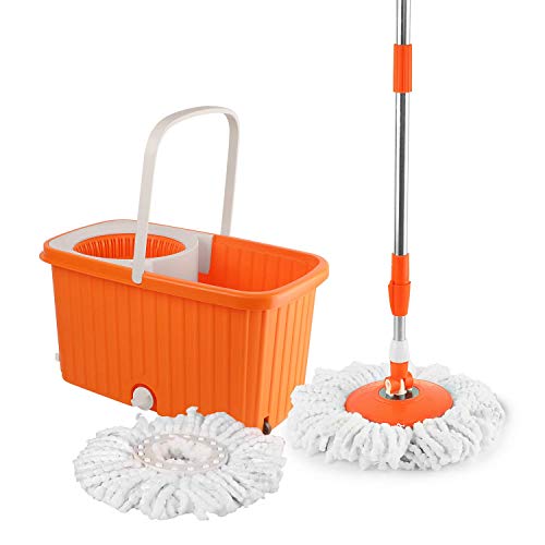 Kleeno By Cello Hi Clean Spin Mopwith Wheels And Plastic Wringer, Bucket Floor Cleaning And Mopping System, 2 Microfiber Refills, Orange