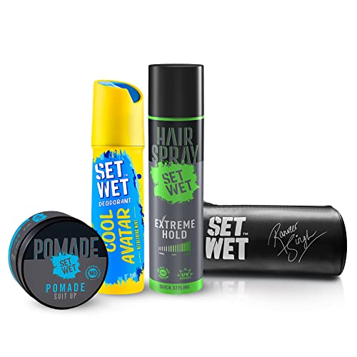 Set Wet Styling Kit- Cool Avatar Deodorant For Men 150Ml, Pomade 60G, Extreme Hold Hair Spray For Men 200Ml + Ranveer Singh Signed Pouch
