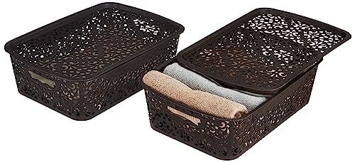 Amazon Brand – Solimo Royal Multipurpose Storage Basket With Lid- Medium (Set Of 2, Brown)