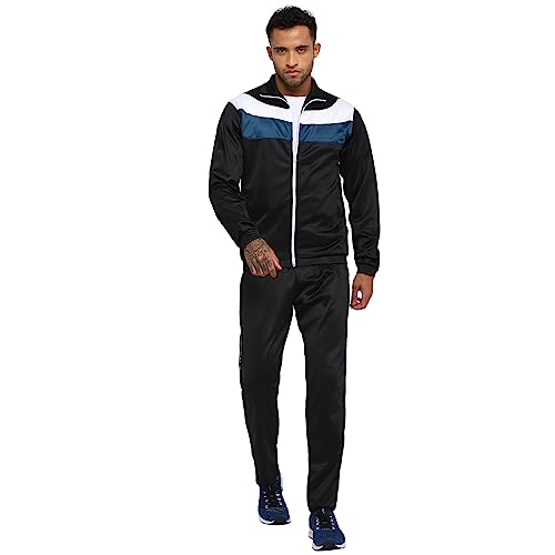 Nivia Colorblock Polyester Zipper Tracksuits For Men/Full Sleeve Running & Sports Tracksuits-Black/Light Blue/White(Small)