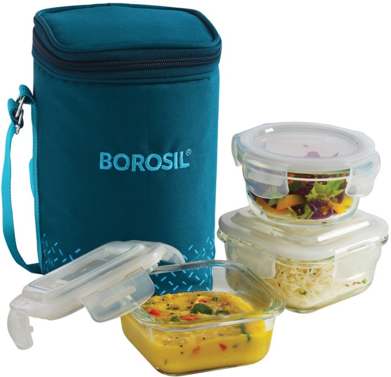 Borosil Teal Lunch Box With Bag, 3 Pc (320 Ml X 2 + 240Ml X 1 ), Office Tiifin 3 Containers Lunch Box(880 Ml)