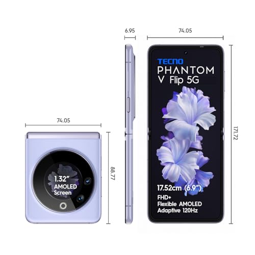 Tecno Phantom V Flip 5G (Mystic Dawn 16Gb Ram, 256Gb Storage) | 45 Watts Fast Charging | 32 Mp Selfie, 64 Rear Camera| 6.9″ Flexible, 1.32″ Secondrary Amoled, Lavender