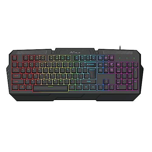 Ant Value Wired Membrane Gaming Keyboard With Backlit 7-Color Rainbow Led, Ipx4 Splashproof, Anti-Ghosting Keys, 104 Silent Keys For Pc & Laptop – Black