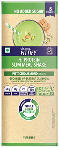 Saffola Fittify Hi-Protein Weight Loss Shake | Meal Replacement Shake For Men And Women | Slim Shake With 5 Superfoods | Pistachio Almond | Goodness Of Garcinia Cambogia | Triple Action Protein | No Added Sugar | 525 Gm | 15 Servings