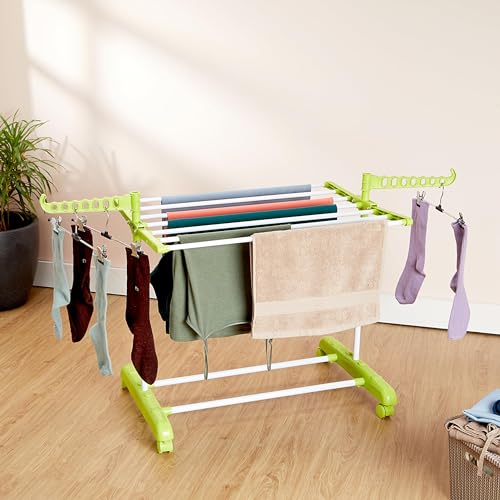 Amazon Brand – Solimo Premium Steel Double Support Cloth Drying Rack | Foldable And Movable | White & Green