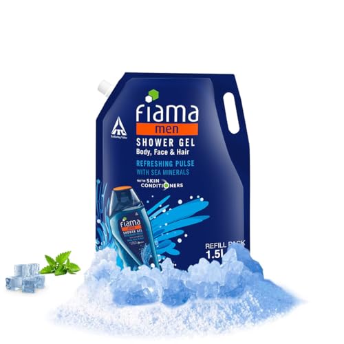 Fiama Men Body Wash Shower Gel Refreshing Pulse, 1.5L Body Wash Refill Value Pouch For Men With Skin Conditioners & Sea Minerals For Soft & Refreshed Skin, Mens Moisturising Bodywash