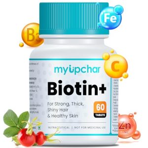 Myupchar Biotin+ For Hair Growth For Strong & Thick Hair | Glowing Skin, Fights Nails Brittleness, | With Vitamin C, Green Tea, Rosehip Extracts, Nicotinamide, Iron & Zinc | For Men & Women | 60 Veg Tablets