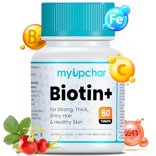 Myupchar Biotin+ For Hair Growth For Strong & Thick Hair | Glowing Skin, Fights Nails Brittleness, | With Vitamin C, Green Tea, Rosehip Extracts, Nicotinamide, Iron & Zinc | For Men & Women | 60 Veg Tablets